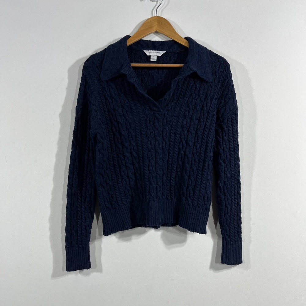 Modern Supply Fisherman Navy Blue Cable Knit Polo Sweater Womens Small Old Money